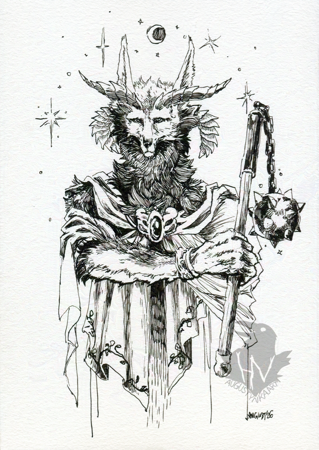 An ink drawing of a fantasy, anthro character. They have dog features, with huge ears and very long neck. Their forehead has two pairs of horns. The character is wearing flowy drapped cloth. In one hand they're holding Morgenstern weapon. Over its head there are several stars and small moon sparkling.