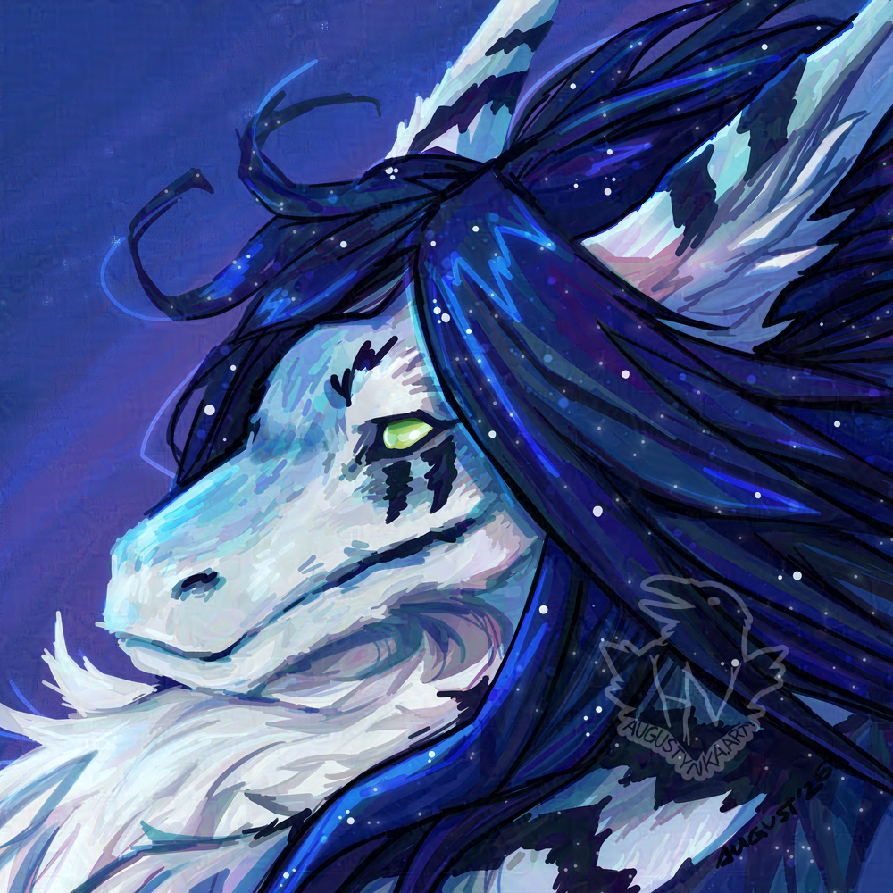 A portrait of a blue-white dragon with blue mane. Her hair is like a night sky, full of stars.