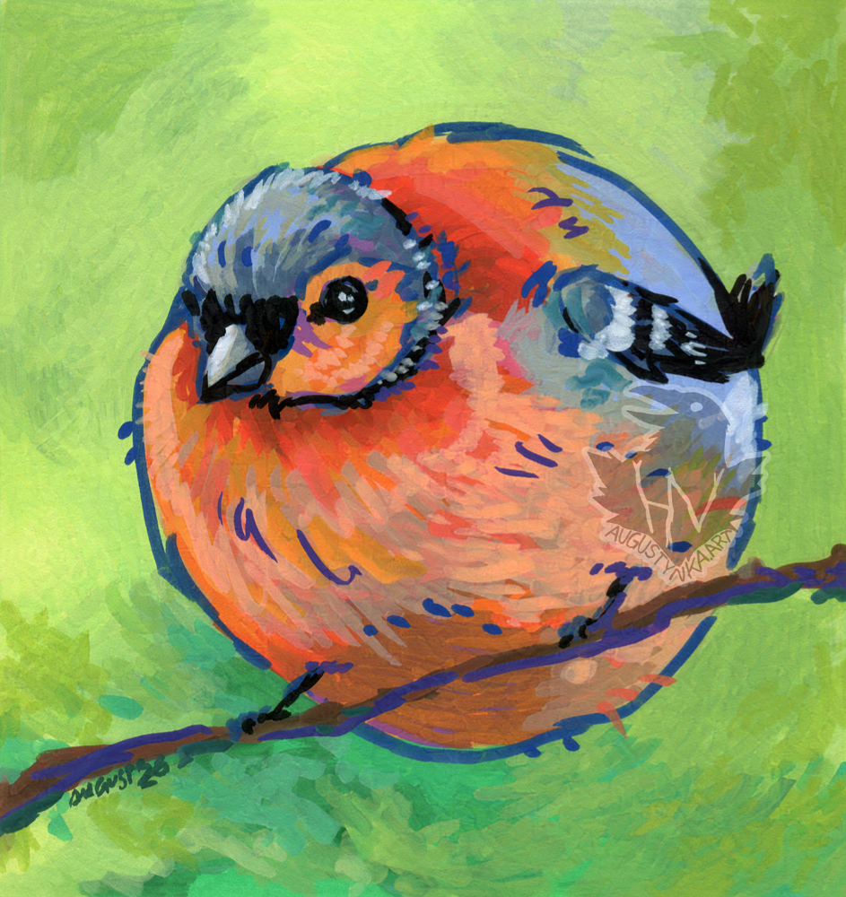 An acrylic drawing of a very round bird. It has super-tiny legs and stands on way too thin branch. The bird is mostly orange, with light grey hood and back. It wants to eat your seeds.
