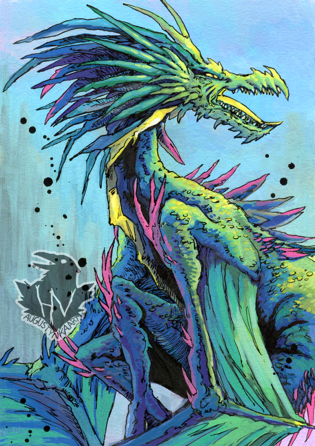 A colourful painting of a green wyvern. It has a lot of spikes. It sits like a shrimp. It's tongue is yellow, the spikes are magenta.