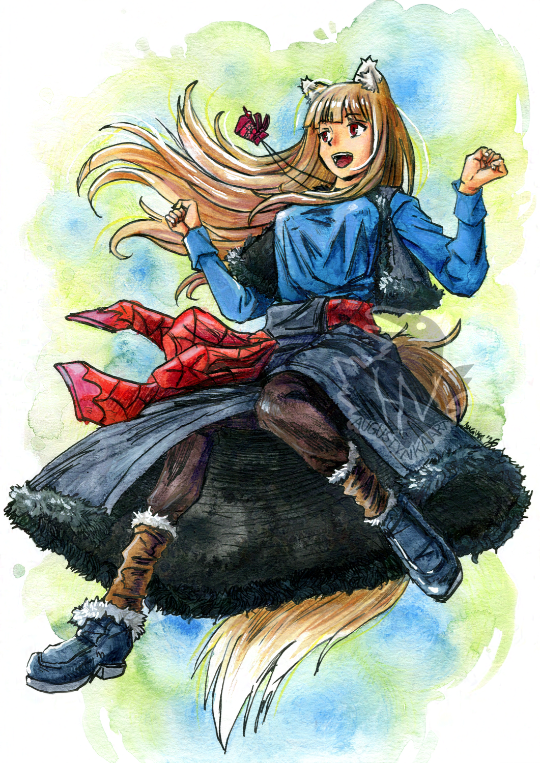 A traditional drawing/painting of Holo from Spice & Wolf. She's a Wolf goddess in an anime girls' body. She has Long, fluffy tail and wolfs' ears. She's jumping happily, probably she saw apples on discount.
