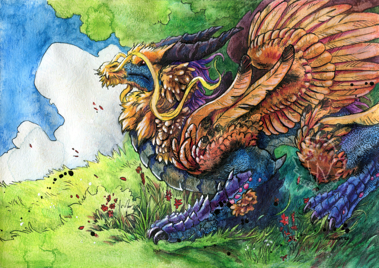 A mixed media piece showcasing a blue dragon with yellow fur and orange feathers covering its body. Its coming from the forest onto the plains, leaving growing vegetation under its claws.