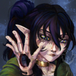 Portrait of a female character. She's having long, dark hair put up in messy ponytail. Her face around eyes and chest are covered in burn scars. Her eyes have psychedelic pattern instead of normal iris and white. She's blind, but she's seeing patterns in void. She's holding a hand in front of her face. The hand has a huge gaping hole in the middle, she uses it for void weaving patterns. She's wearing a simple green tunic.