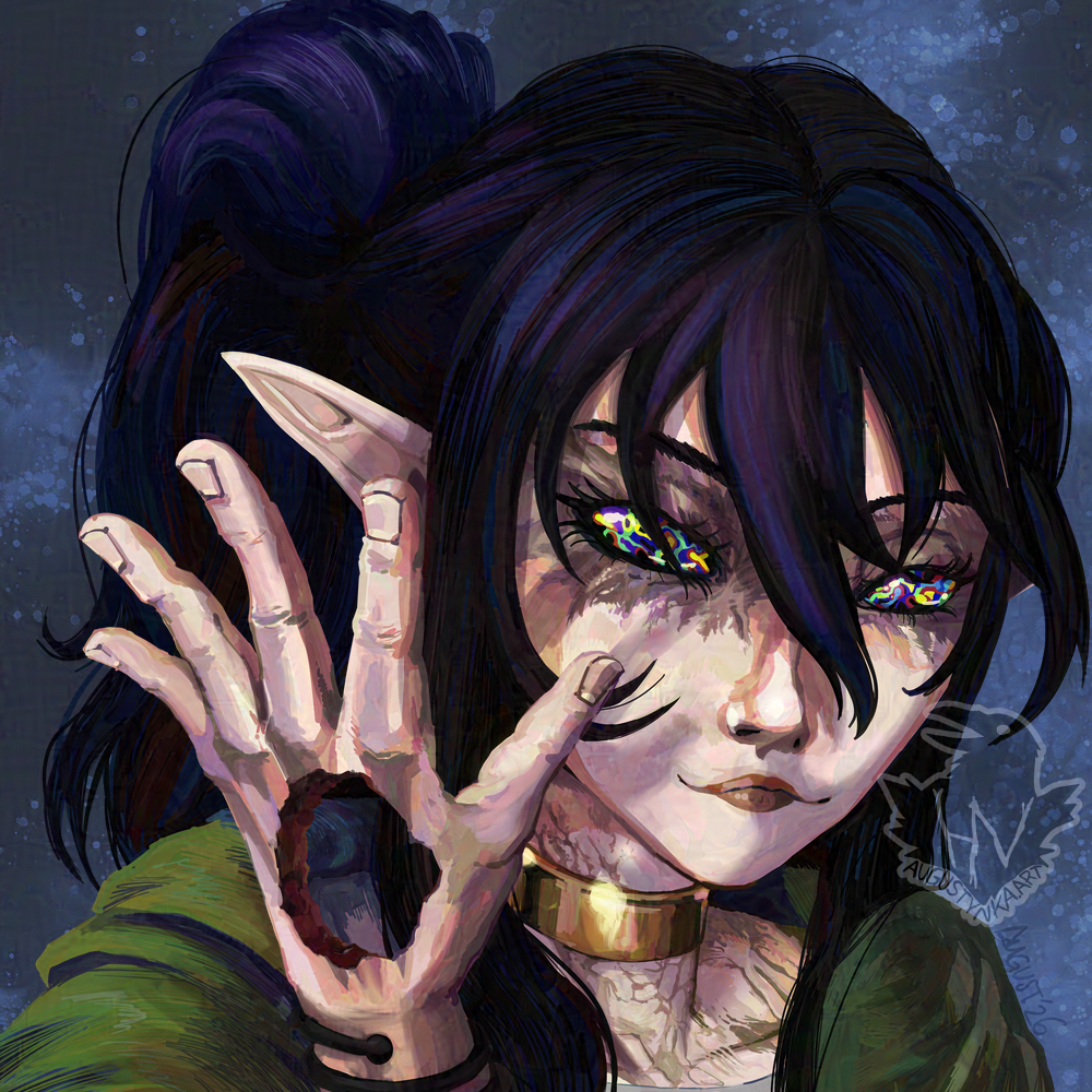 Portrait of a female character. She's having long, dark hair put up in messy ponytail. Her face around eyes and chest are covered in burn scars. Her eyes have psychedelic pattern instead of normal iris and white. She's blind, but she's seeing patterns in void. She's holding a hand in front of her face. The hand has a huge gaping hole in the middle, she uses it for void weaving patterns. She's wearing a simple green tunic.