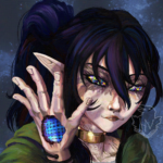 Portrait of a female character. She's having long, dark hair put up in messy ponytail. Her face around eyes and chest are covered in burn scars. Her eyes have psychedelic pattern instead of normal iris and white. She's blind, but she's seeing patterns in void. She's holding a hand in front of her face. The hand has a huge gaping hole in the middle, she uses it for void weaving patterns. She's wearing a simple green tunic.