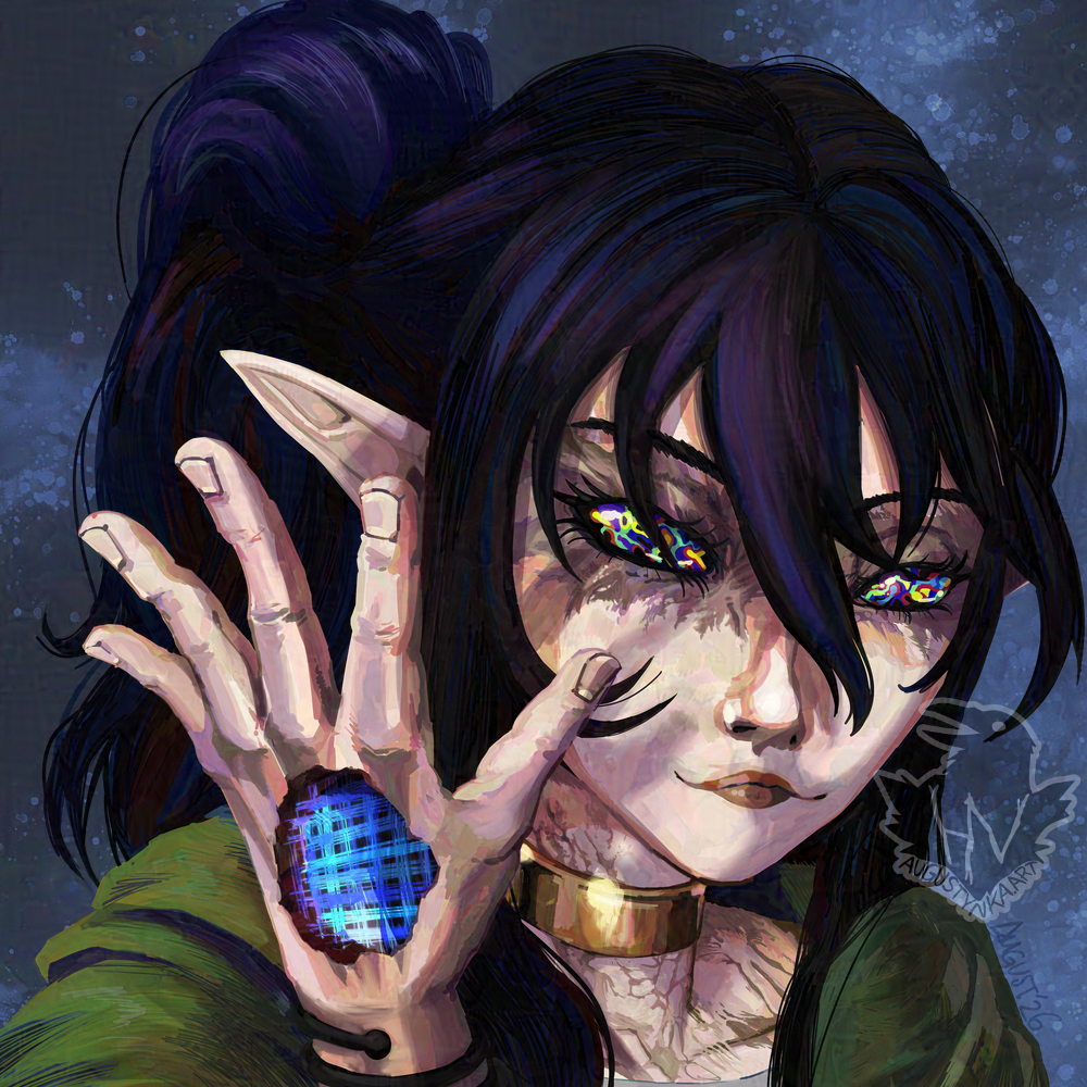 Portrait of a female character. She's having long, dark hair put up in messy ponytail. Her face around eyes and chest are covered in burn scars. Her eyes have psychedelic pattern instead of normal iris and white. She's blind, but she's seeing patterns in void. She's holding a hand in front of her face. The hand has a huge gaping hole in the middle, she uses it for void weaving patterns. She's wearing a simple green tunic.