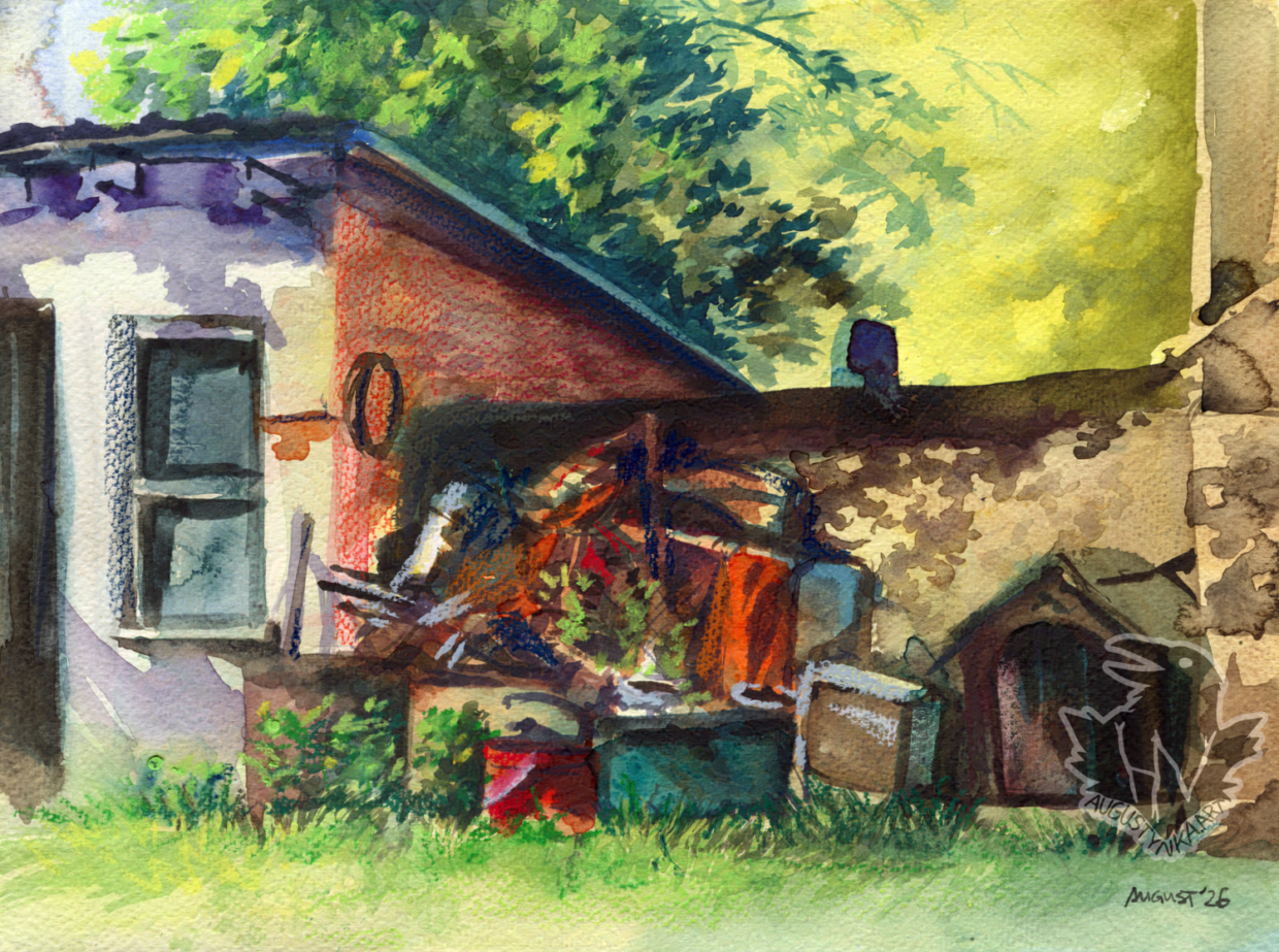 A watercolor painting of countryside buildings with pile of random trash in front of it. Lots of rusted elements, and used home appliances. Next to it stands an old, crooked dog house (it is not in use anymore)