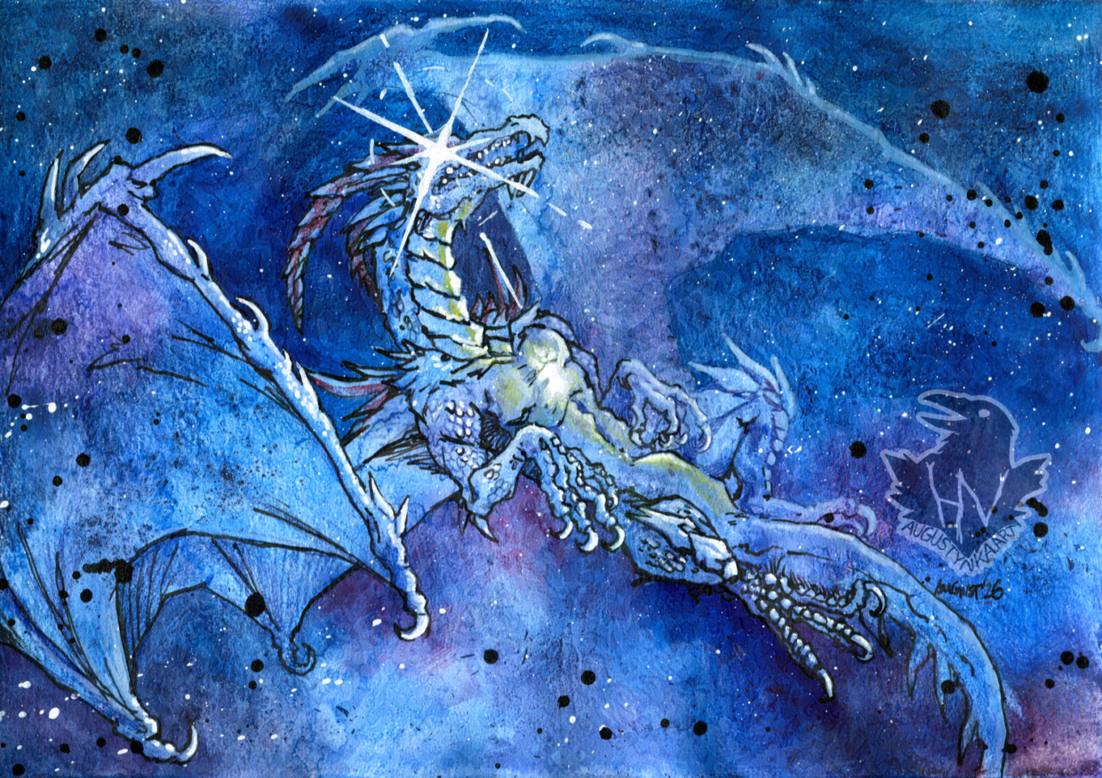 An illustration showing an almost transparent dragon in the space. A star is shining from the dragon's eye. It's chest contains another star, hidden inside its body.